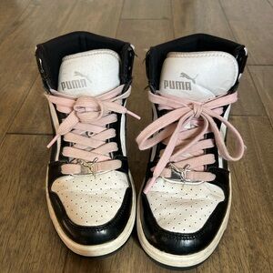 Puma Kids High-Top Sneakers - Black and White with Pink Laces